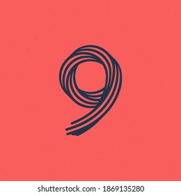 Number nine logo made of five parallel lines with noise texture. Impossible shape style. Vector vintage font for boutique labels, chic headlines, jewelry posters, wedding cards etc.