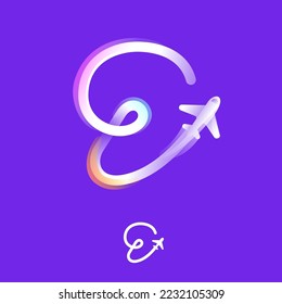 Logo número nueve hecho de una línea de gradiente con icono de plano y brillo arcoiris. Emblema multicolor superpuesto. Ideal para aplicaciones de viajes coloridas, diseño de entregas, publicidad de aviación, identidad de vuelo.