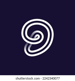 Logo número nueve hecho de dos líneas blancas paralelas sobre fondo negro. Icono de bucle infinito. Un elegante emblema que se apodera. Ideal para aplicaciones dinámicas, diseño minimalista, identidad deportiva, adv tecnológica.