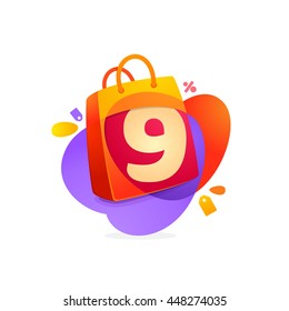 Number nine logo in shopping bag icon and Sale tag. Colorful vector design for banner, presentation, web page, app icon, card, labels or posters.