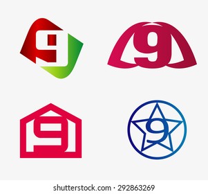 Number nine logo template. Abstract icon set

