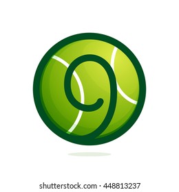 Number nine logo with tennis ball. Sport vector design for banner, presentation, web page, card, labels or posters.