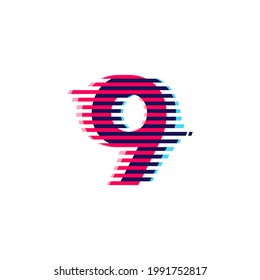 Number nine logo with vibrant line glitch effect. Vector font perfect to use in your nightlife labels, expressive game screen, electronic identity.