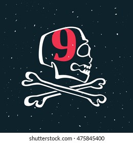 Number nine logo in vintage style skull. Vector design for banner, flag, t-shirt, labels or posters.