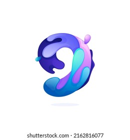 Number nine logo with water waves and drops. Pure blue gradient font style. Vector icon for your ecology application, waste recycling identity, spa posters or mineral water branding.