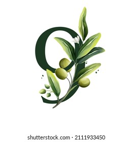 Number nine logo in watercolor style with olive branches. Illustration of mediterranean berries, green leaves, flowers, buds, and branches. 