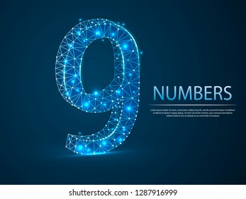 number nine low poly abstract illustration consisting of points, lines, and shapes in the form of planets, stars and the universe. Vector digit 9 wireframe concept.