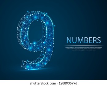 number nine low poly abstract illustration consisting of points, lines, and shapes in the form of planets, stars and the universe. Vector digit 9 wireframe concept.
