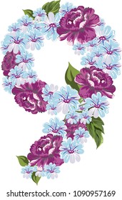 Number nine is made of flowers. Vector.