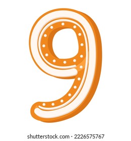 Nueve de pan de jengibre glaseado. Fuente festiva, símbolo de Feliz Año Nuevo y Navidad, signo y numeral de diferentes formas. Ilustración plana del vector