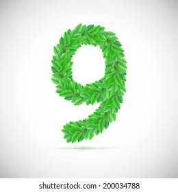 Number nine, made up of green leaves, vector illustration