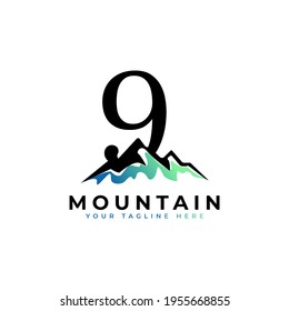 Number Nine Mountain Logo. Explore Mountain Adventure Symbol Company Logo Template Element.
