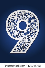 Number nine numeral with floral design. Decorative vector 9 digit with flower autumn pattern. May be used for laser cutting or quilling.
