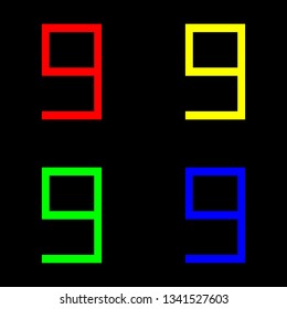 Number nine, numeral icon, color set. Black background