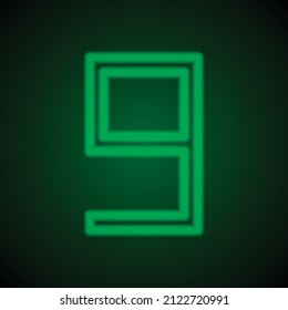 Number nine, numeral simple icon vector. Flat desing. Green neon on black background with green light.ai