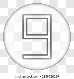 Nueve, numeral simple vector de icono. Diseño plano. Botón de cristal en cuadrícula transparente.ai
