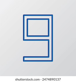 Number nine, numeral simple icon vector. Flat design. Paper cut design. Cutted blue symbol with shadow. Gray background.ai