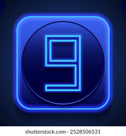 Número nove, numeral simples ícone vetor. Design plano. Estilo de néon azul no botão. Com shadow.ai