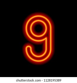 Number nine, numeral, simple letter. Orange neon style on black background. Light icon