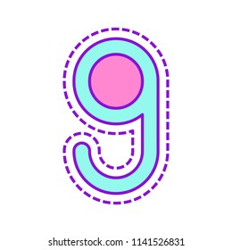Number nine, numeral, simple letter. Colored sketch with dotted border on white background