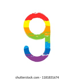 Number nine, numeral, simple letter. Drawing sign with LGBT style, seven colors of rainbow (red, orange, yellow, green, blue, indigo, violet