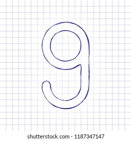 Number nine, numeral, simple letter. Hand drawn picture on paper sheet. Blue ink, outline sketch style. Doodle on checkered background