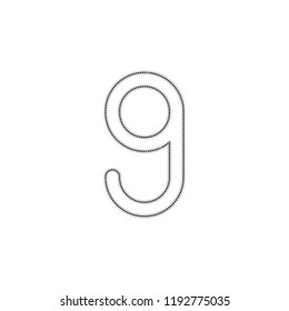 Number nine, numeral, simple letter. Dotted outline silhouette with shadow on white background