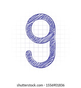 Number nine, numeral, simple letter. Hand drawn sketched picture with scribble fill. Blue ink. Doodle on white background