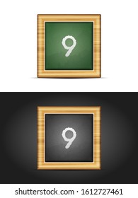 Number nine on chalkboard set. Vector illustration.
