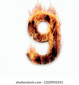 number nine on fire on a white screen