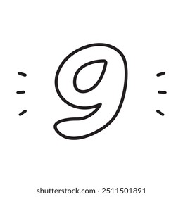 Number nine. Outline vector design. Hand drawn illustration on white background,