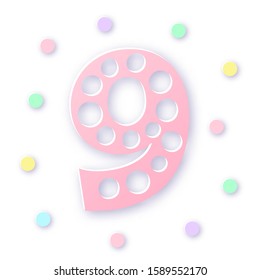 Number Nine in paper cut style on white background. Typographic design. Bold rose number