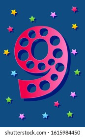 Number Nine in paper cut style on a Classic blue background with colorful stars. Bold color and bright text. Card for teaching, birthday, children's game or holiday. Bold capital red number. 