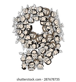 Number nine, people crowd, vector alphabet for your design