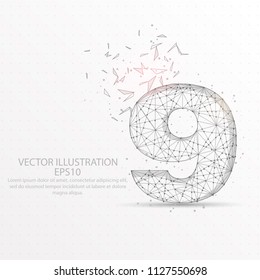 Number nine point, abstract mash line and composition digitally drawn in the form of broken a part triangle shape and scattered dots low poly wire frame on white background.