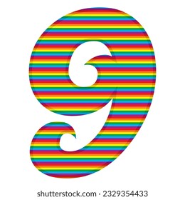 Number Nine With Rainbow Colors Pattern Vector Illustration. Number 9 In LGBT Flag Colors