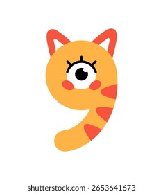 Número nove com a forma de gato bonito. Figura 9 estilizada com personagem monstro. Vela de aniversário numérica. Letra engraçada de fonte com formas animais. Ilustração de vetor isolado plano sobre fundo branco