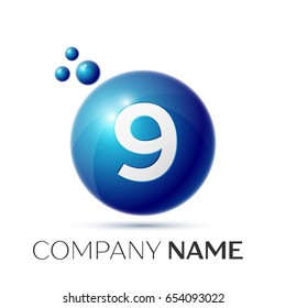 Number nine splash logo. Blue dots and bubbles number design on grey background. Vector Illustration