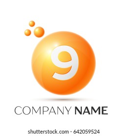 Number nine splash logo. Orange dots and bubbles number design on grey background. Vector Illustration