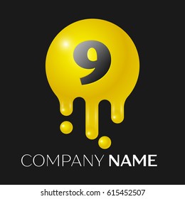 Number nine splash logo. Yellow dots and bubbles number design on grey background. Vector Illustration