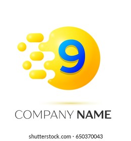 Number nine splash logo. Yellow dots and bubbles number design on grey background. Vector Illustration