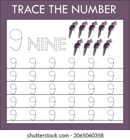 Number nine  stroke worksheet with animals parrots for fine motor skills kids. Educational game for preschoolers.