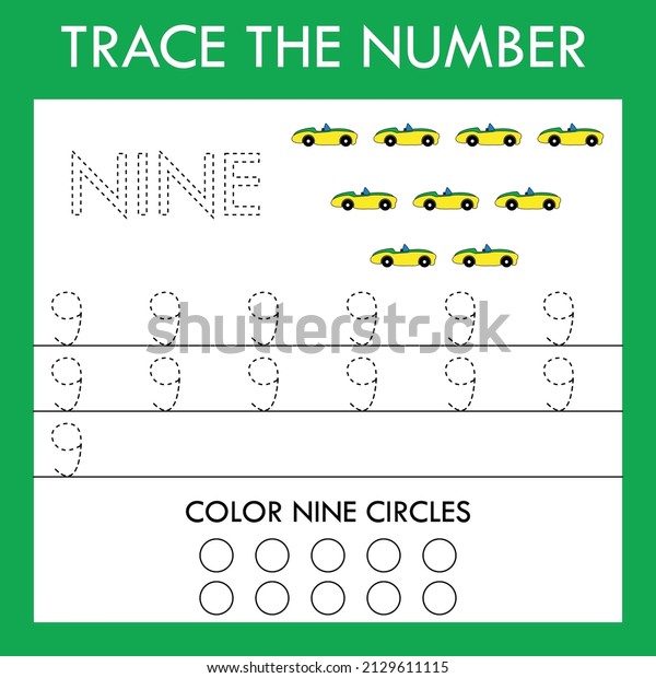 Number nine  stroke\
worksheet with cars  for fine motor skills kids. Educational game\
for preschoolers.