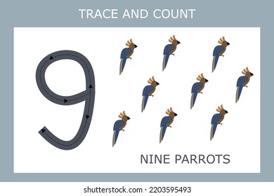 Number nine stroke worksheet with  parrots  for fine motor skills kids. Educational game for preschoolers.