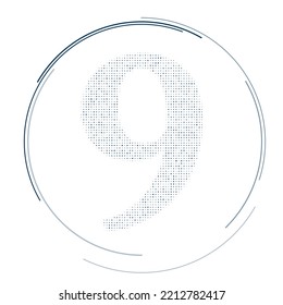 The number nine symbol filled with dark blue dots. Pointillism style. Vector illustration on white background