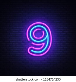 Number nine symbol neon sign vector. Ninth, Number nine template neon icon, light banner, neon signboard, nightly bright advertising, light inscription. Vector illustration