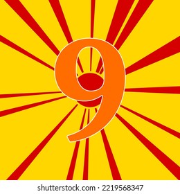 Number nine symbol on a background of red flash explosion radial lines. The large orange symbol is located in the center of the sun, symbolizing the sunrise. Vector illustration on yellow background