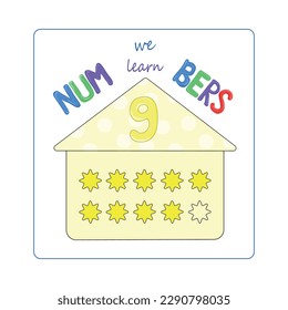 number nine table for junior high school and preschool, learning numbers - card in the form of a house for learning the number 9, visual math chart in cartoon style