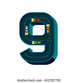 The number nine in theme night time dark blue road with four cars are driving.