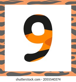 Number nine with tiger pattern. Festive font and frame from orange with black stripes, symbol for New Year and Christmas